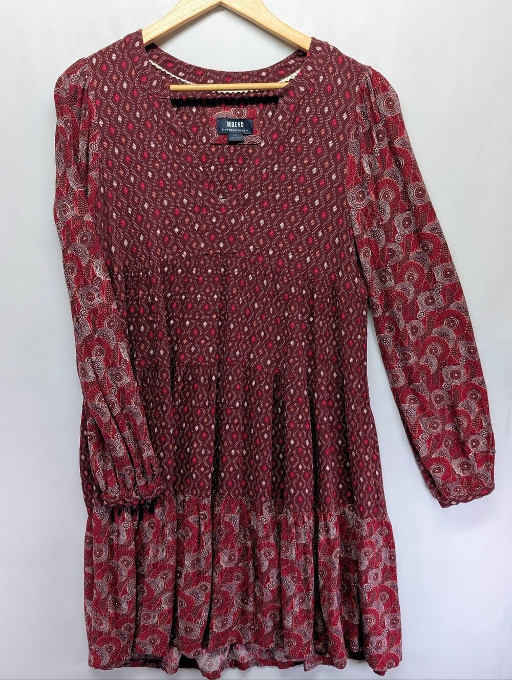 37.Maeve Anthropologie Burgundy and Pink Geometric Print Dress